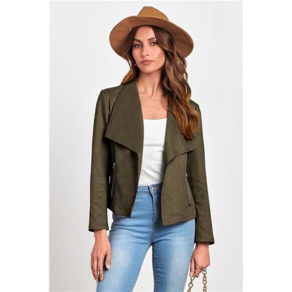 Women’s Faux Suede Jacket –Fall Long Sleeve Cropped Coat - Picture 6 of 7